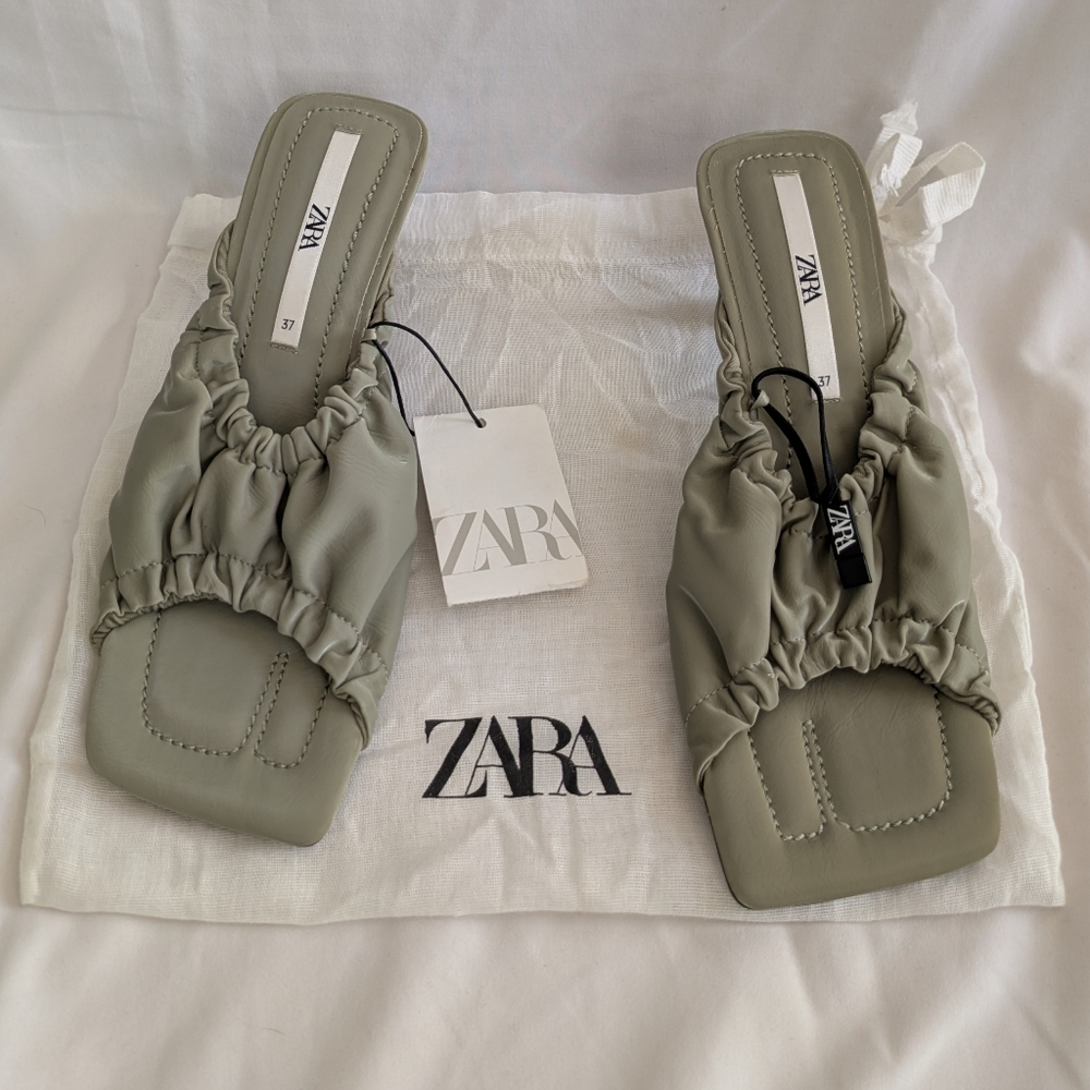 NWT ZARA Khaki Green Square Open Peep Toe Mule Sandal w/ Kitten Heel Size 6.5